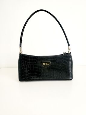 New York & Company Black Croc-Embossed Shoulder Bag with Gold Logo